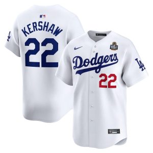 Men's Los Angeles Dodgers #22 Clayton Kershaw  White 2024 World Series Home Limited Player Jersey