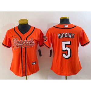 Youth Cincinnati Bengals #5 Tee Higgins Orange With Patch Cool Base Stitched Baseball Jersey