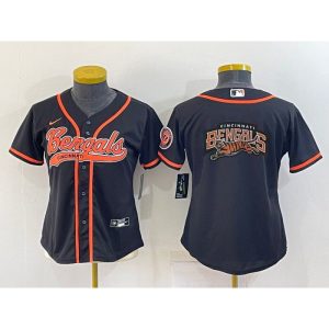 Youth Cincinnati Bengals Black Team Big Logo With Patch Cool Base Stitched Baseball Jersey