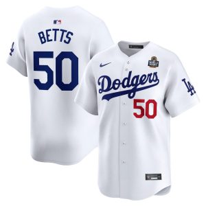Men's Los Angeles Dodgers #50 Mookie Betts  White 2024 World Series Home Limited Player Jersey
