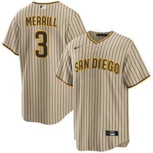 Men's San Diego Padres#3 Jackson Merrill Tan Brown Cool Base Stitched Baseball Jersey