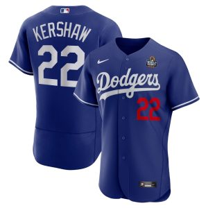 Men's Los Angeles Dodgers #22 Clayton Kershaw  Royal 2024 World Series Alternate Authentic Player Jersey