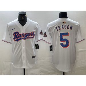 Men's Texas Rangers #5 Corey Seager White Gold Cool Base Stitched Baseball Jersey