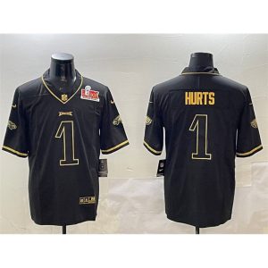Men's Philadelphia Eagles #1 Jalen Hurts Black/Gold 2025 Super Bowl LIX Patch Salute To Service Vapor Untouchable Limited Stitched Football Jersey