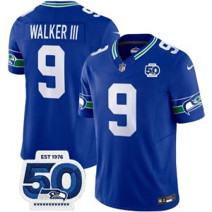 Men's Seattle Seahawks #9 Kenneth Walker III  Royal 2025 F.U.S.E 50th Anniversary Patch Throwback Vapor Limited Stitched Football Jersey