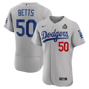 Men's Los Angeles Dodgers #50 Mookie Betts  Gray 2024 World Series Alternate Authentic Player Jersey