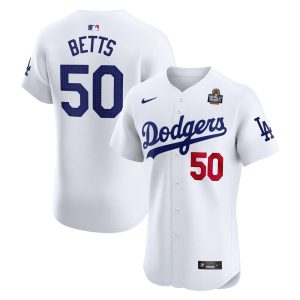 Men's Los Angeles Dodgers #50 Mookie Betts  White 2024 World Series Home Elite Player Jersey
