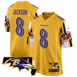 Youth Baltimore Ravens #8 Lamar Jackson Gold 2025 Maryland Flag Vapor Limited Football Game Jersey