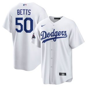Men's Los Angeles Dodgers #50 Mookie Betts  White 2024 World Series Champions Big &Tall Replica Player Jersey