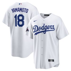 Men's Los Angeles Dodgers #18 Yoshinobu Yamamoto  White 2024 World Series Champions Home Replica Player Jersey