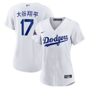 Women's Los Angeles Dodgers #17 Shohei Ohtani  White 2024 World Series Champions Home Japanese Characters Replica Player Jersey