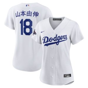 Women's Los Angeles Dodgers #18 Yoshinobu Yamamoto  White 2024 World Series Champions Home Japanese Characters Replica Player Jersey