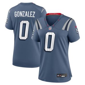 Women's New England Patriots #0 Christian Gonzalez Blue Rivalries Collection Game Jersey