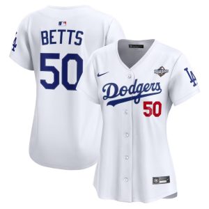 Women's Los Angeles Dodgers #50 Mookie Betts Nike White 2025 World Series Home Limited Jersey
