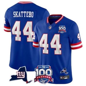 Men's New York Giants #44 Cam Skattebo Royal Vapor Untouchable Classic Retired Player 100TH Season Commemorative Patch Stitched Jersey