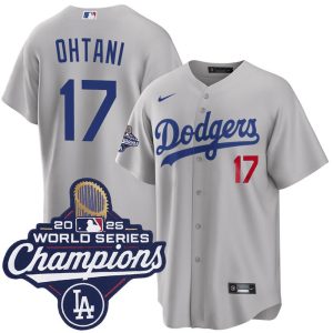 Youth Los Angeles Dodgers #17 Shohei Ohtani Nike Gray 2025 World Series Champions Home Limited Jersey
