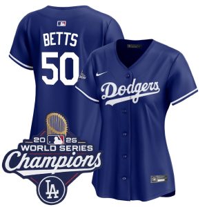 Women's Los Angeles Dodgers #50 Mookie Betts Nike Royal 2025 World Series Champions Home Replica Jersey