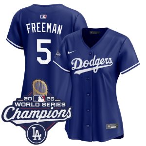 Women's Los Angeles Dodgers #5 Freddie Freeman Nike Royal 2025 World Series Champions Home Replica Jersey