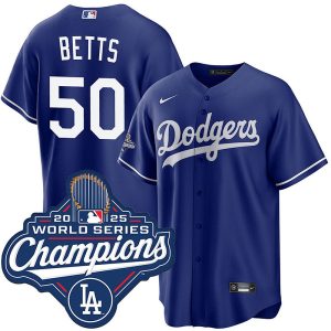 Men's Los Angeles Dodgers #50 Mookie Betts Nike Royal 2025 World Series Champions Home Replica Jersey