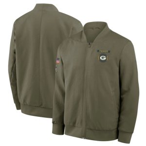 Men's Green Bay Packers Nike Olive 2025 Salute to Service Sideline Full-Zip Bomber Jacket