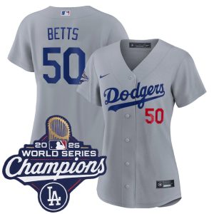 Women's Los Angeles Dodgers #50 Mookie Betts Nike Gray 2025 World Series Champions Home Limited Jersey