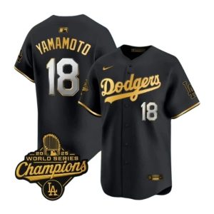 Men's Los Angeles Dodgers #18 Yoshinobu Yamamoto Nike Black Golden 2025 World Series Champions Home Limited Jersey
