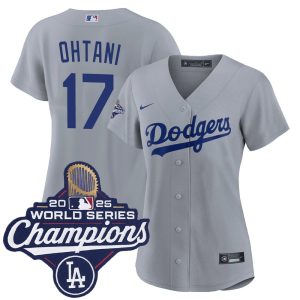 Women's Los Angeles Dodgers #17 Shohei Ohtani Nike Gray 2025 World Series Champions Home Replica Jersey