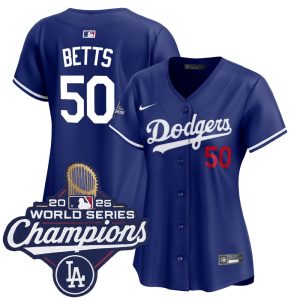 Women's Los Angeles Dodgers #50 Mookie Betts Nike Royal 2025 World Series Champions Home Limited Jersey