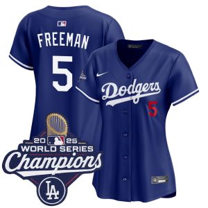 Women's Los Angeles Dodgers #5 Freddie Freeman Nike Royal 2025 World Series Champions Home Limited Jersey