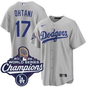 Men's Los Angeles Dodgers #17 Shohei Ohtani Nike Gray 2025 World Series Champions Home Replica Jersey