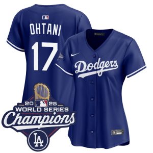 Women's Los Angeles Dodgers #17 Shohei Ohtani Nike Royal 2025 World Series Champions Home Replica Jersey