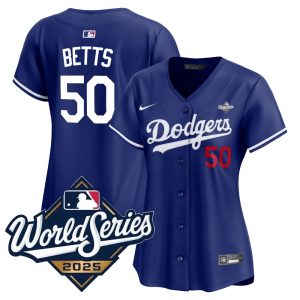 Women's Los Angeles Dodgers #50 Mookie Betts Nike Royal 2025 World Series Home Limited Jersey