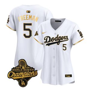 Women's Los Angeles Dodgers #5 Freddie Freeman Nike White Golden 2025 World Series Champions Home Limited Jersey