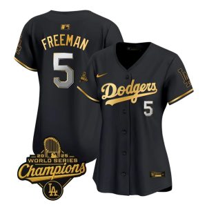 Women's Los Angeles Dodgers #5 Freddie Freeman Nike Black Golden 2025 World Series Champions Home Limited Jersey