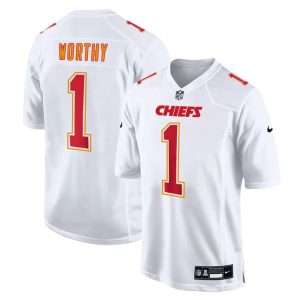 Men's Kansas City Chiefs #1 Xavier Worthy Tundra White Fashion Game Jersey