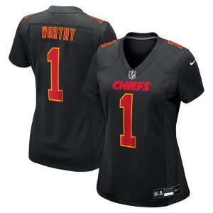 Women's Kansas City Chiefs #1 Xavier Worthy Carbon Black Fashion Game Jersey