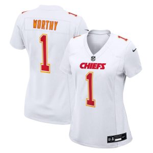 Women's Kansas City Chiefs #1 Xavier Worthy Tundra White Fashion Game Jersey