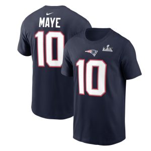 Men's New England Patriots #10 Drake Maye  Navy Super Bowl LX Patch Name & Number T-Shirt