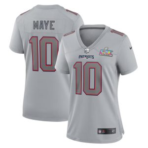 Women's New England Patriots #10 Drake Maye  Silver Super Bowl LX Patch Atmosphere Fashion Game Jersey