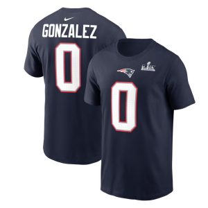 Men's New England Patriots #0 Christian Gonzalez  Navy Super Bowl LX Patch Name & Number T-Shirt