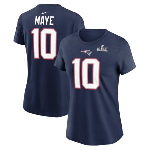 Women's New England Patriots #10 Drake Maye  Navy Super Bowl LX Patch Name & Number T-Shirt