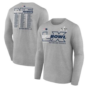 Men's New England Patriots  Heather Gray Super Bowl LX Roster Long Sleeve T-Shirt