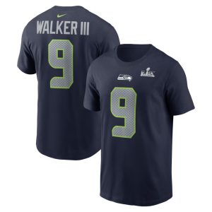 Men's Seattle Seahawks #9 Kenneth Walker III  College Navy Super Bowl LX Patch Name & Number T-Shirt