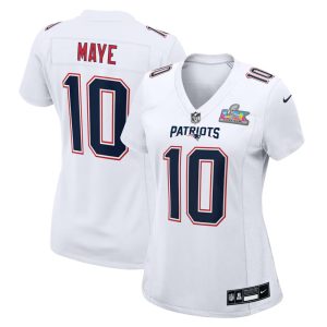 Women's New England Patriots #10 Drake Maye  White Super Bowl LX Patch Tundra Fashion Game Jersey